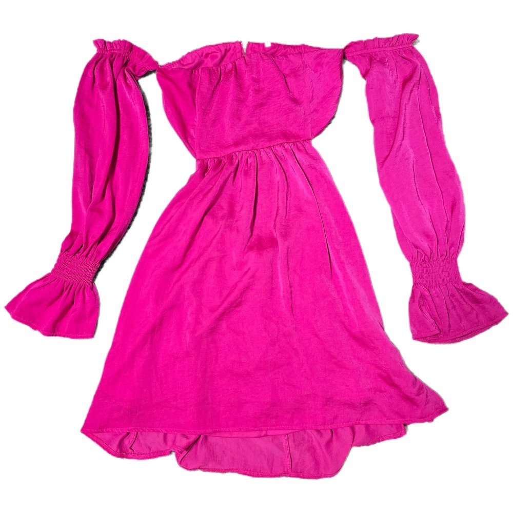 Hot Pink Mini Dress Off Shoulder Long Sleeve Ruffle Party Cocktail Women's  (E)‎